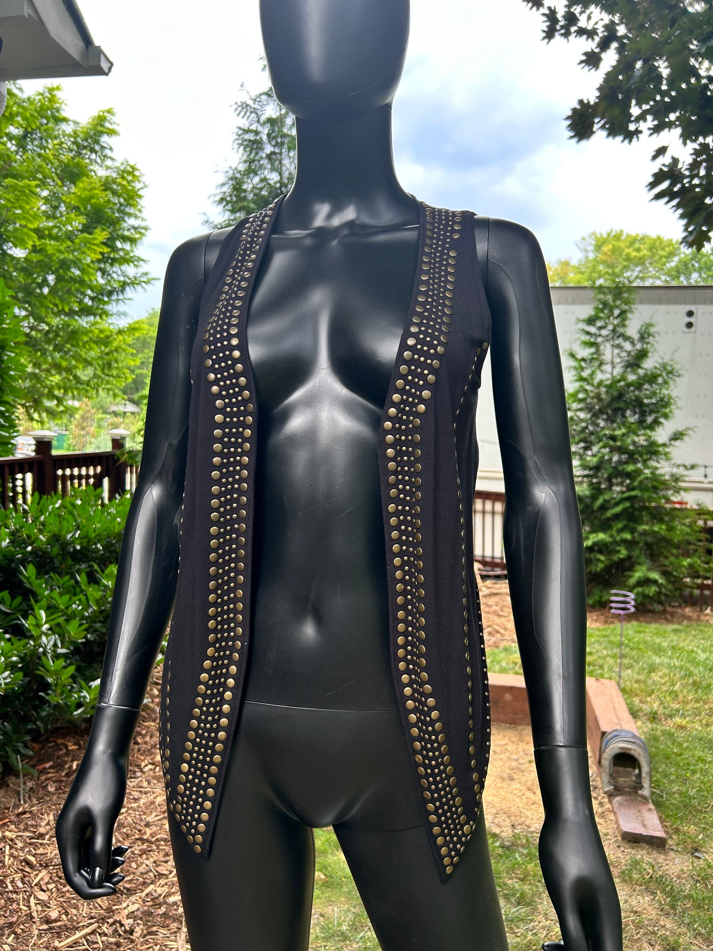 Black faux suede gold studded vest with handmade back patches