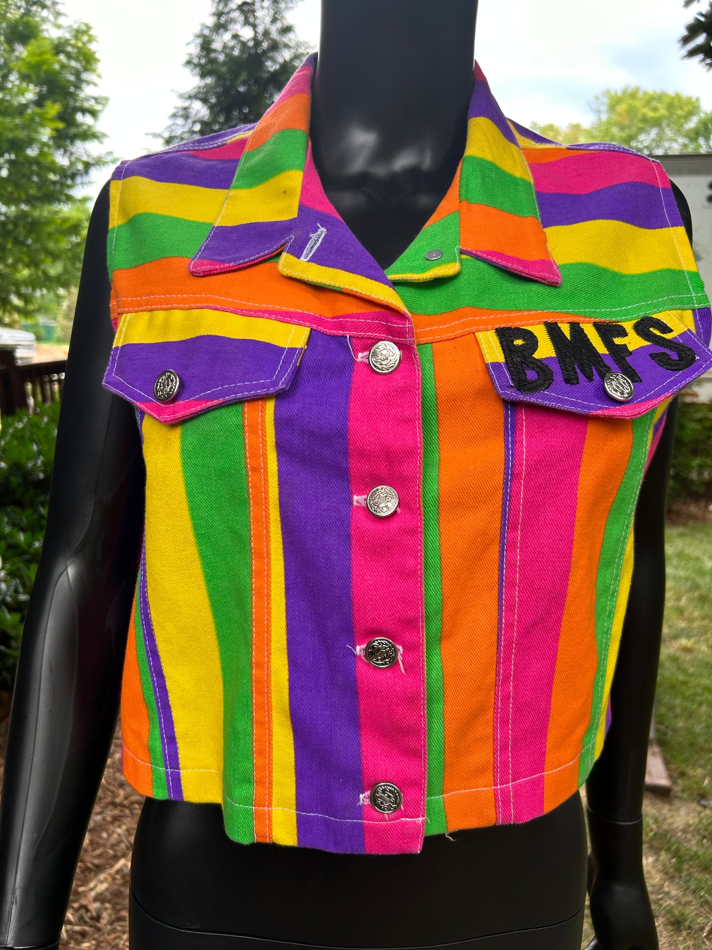 Women’s Large Jean Rainbow BMFS vest with handmade leather patches