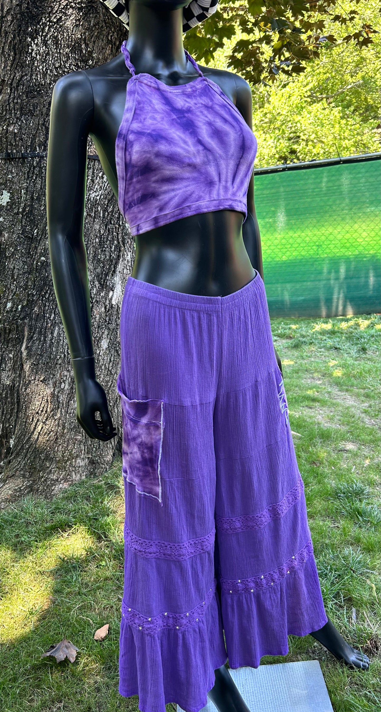 Purple bellbottom and halter two piece