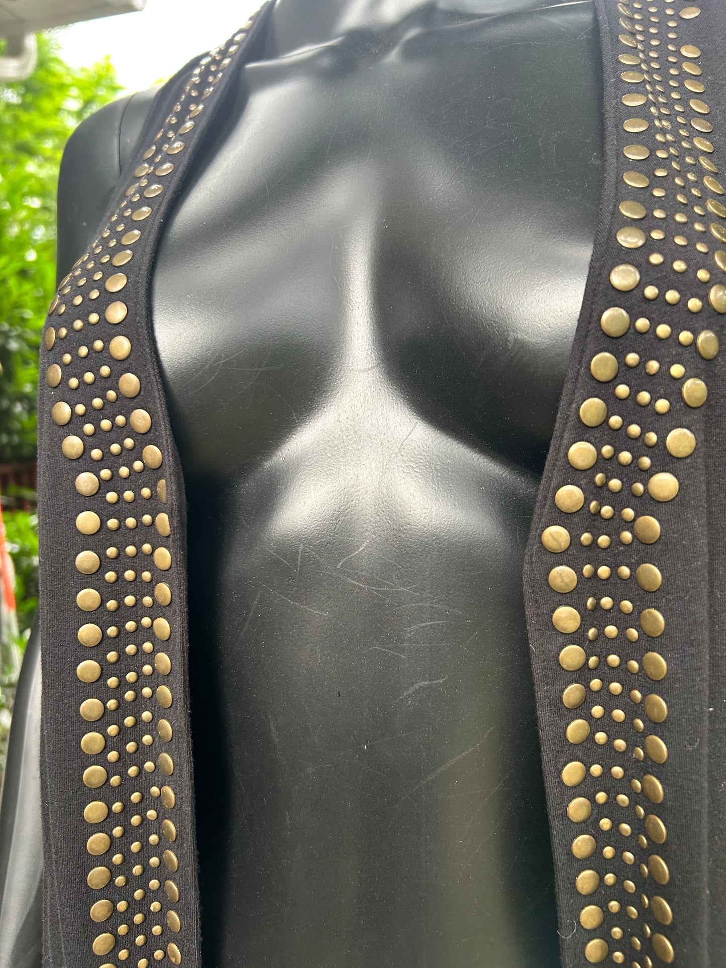 Black faux suede gold studded vest with handmade back patches