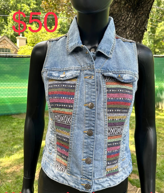 Upcycled Jean vest with leather back patch