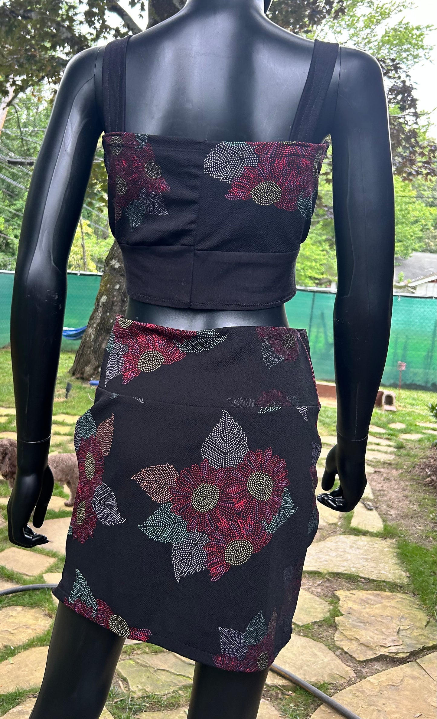 BMFS two piece red daisy handmade , stretch, mini skirt and crop top