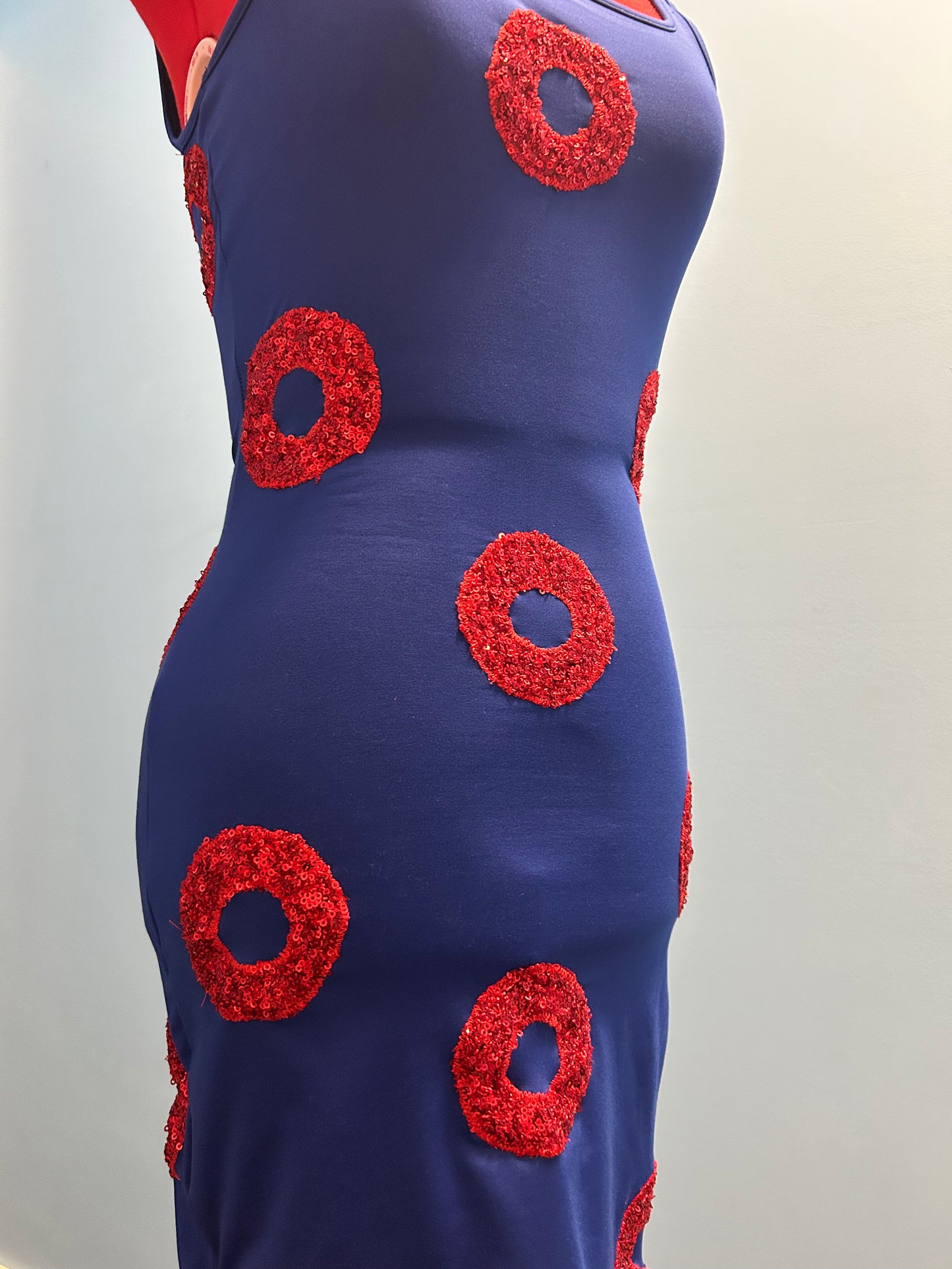 Phishy bodycon dress with red sequin donuts women’s size small