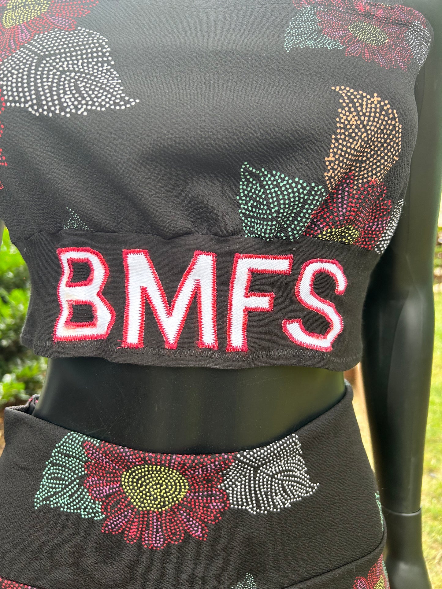 BMFS two piece red daisy handmade , stretch, mini skirt and crop top