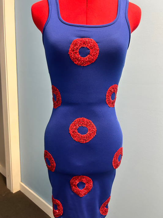 Phishy bodycon dress with red sequin donuts women’s size small