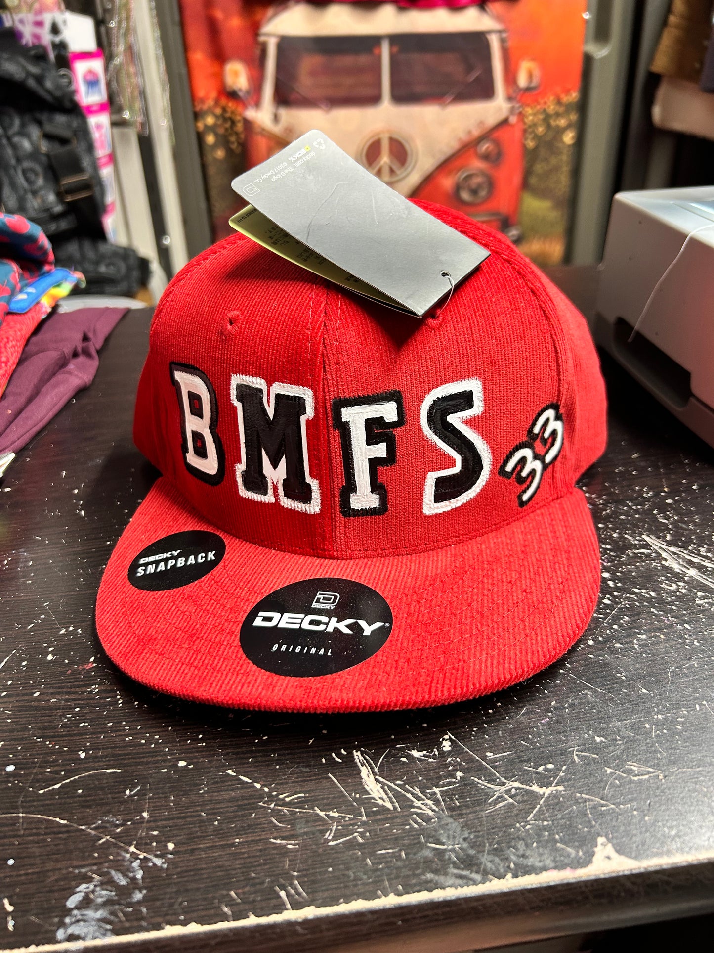 BMFS red corduroy snap back hat