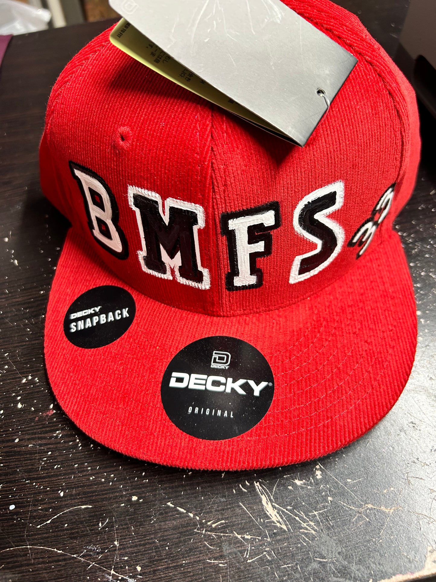 BMFS red corduroy snap back hat