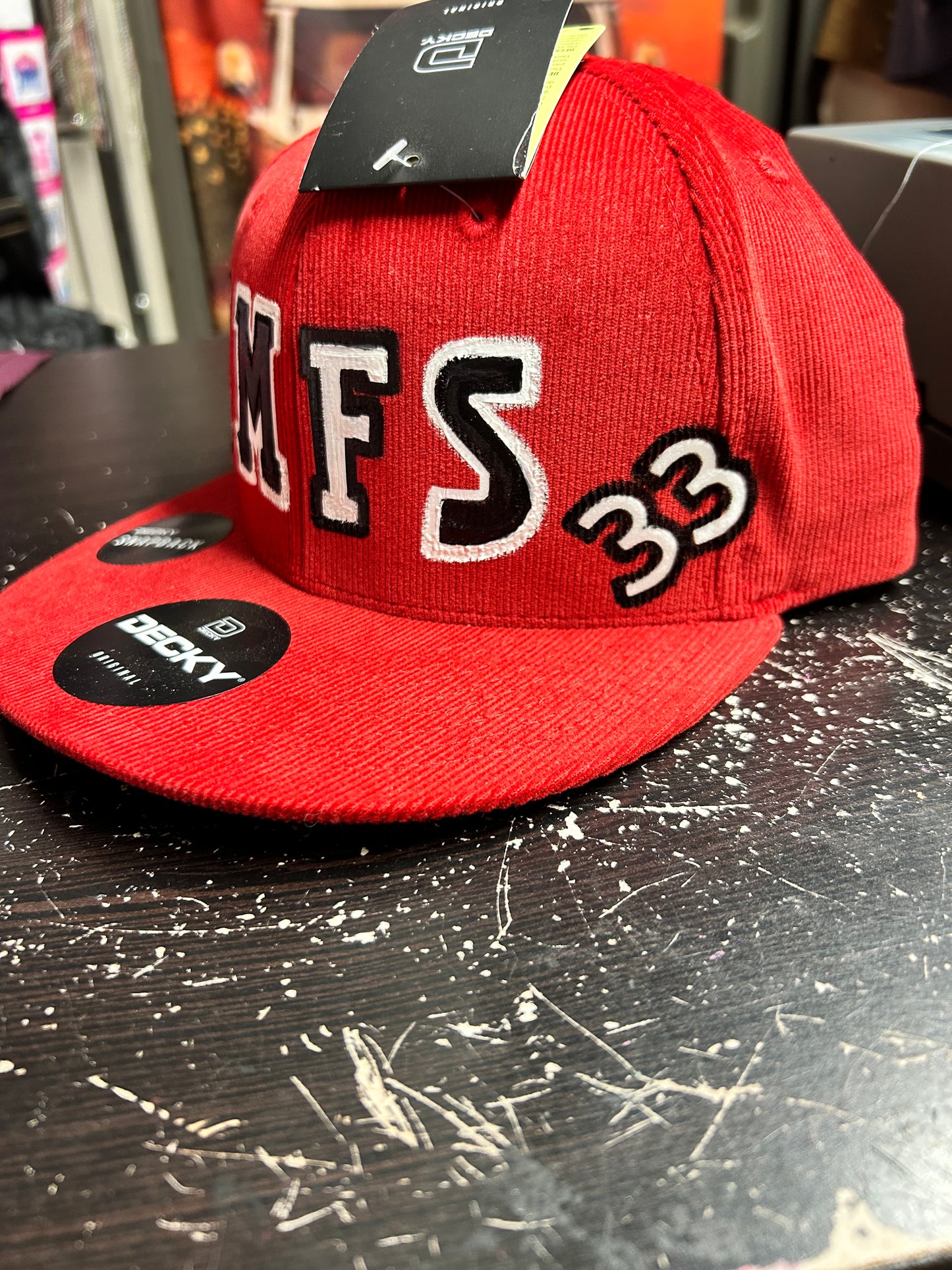 BMFS red corduroy snap back hat