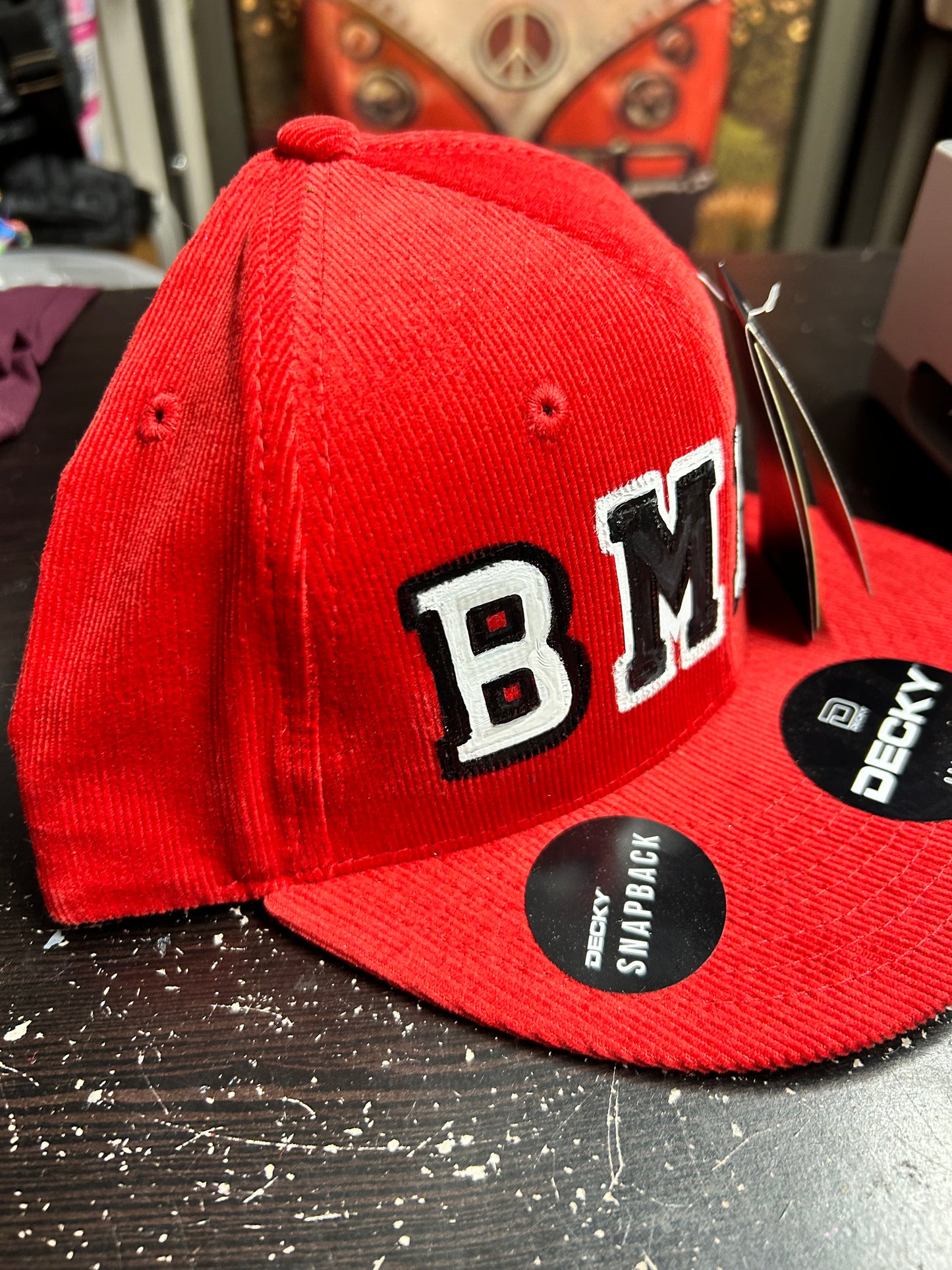 BMFS red corduroy snap back hat